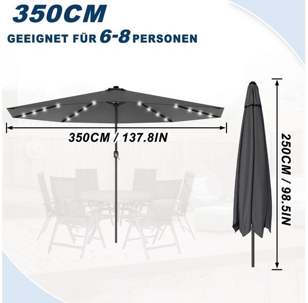 FIVMEN Sonnenschirm Ø350cm Gartenschirm Balkon Terrassenschirm mit Solar-LED, Marktschirm Kurbelschirm UV-Schutz, Winkel nicht einstellbar