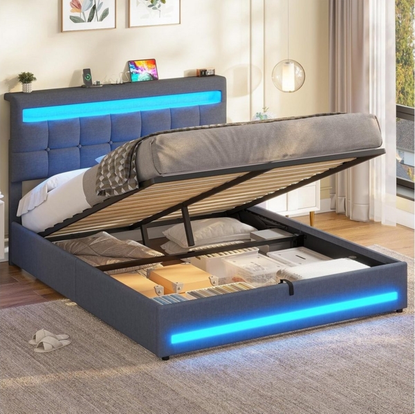 MSMASK Polsterbett Jugendbett mit LED Beleuchtung und Ladestation, Hydraulisches Bett (Ohne Matratze), mit Höhenverstellbares Kopfteil und Stauraum