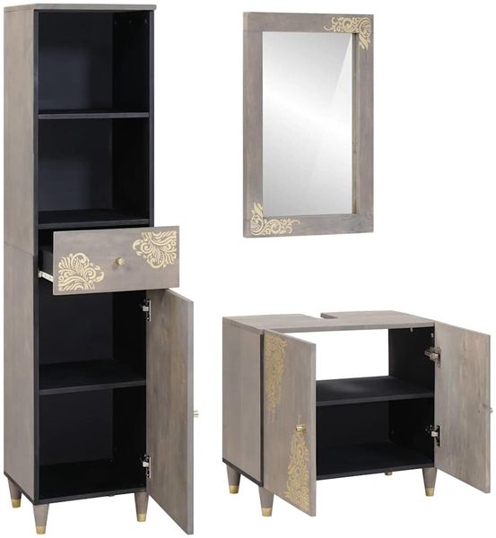 vidaXL Badezimmerschrank-Set Wandmontiert 3 pcs Grau Massivholz Mango 3310154 Bild 2