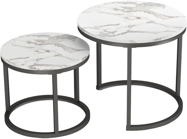 2er Set Couchtisch Marmor Weiß Rund Satztische Wohnzimmer