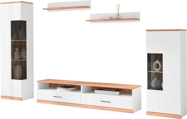 OTTO home Wohnwand Ribe Wohnwand Set-5 St, (Set, 5-St), Glaseinsatz aus gehärtetem Glas,Böden teilweise versetzbar