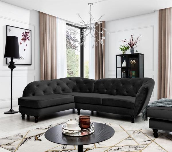 Ecksofa Designersofa CHARLOTTE in Stoff Matt Velvet Schwarz Ottomane Links