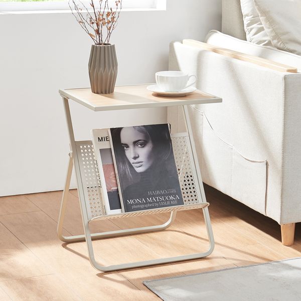 Beistelltisch mit Zeitungsablage Jäller 48x40x30 cm Beige/Eicheoptik [en. casa]