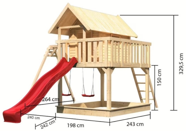 Karibu Stelzenhaus Fidel naturbelassen mit Doppelschaukel Mit roter Rutsche Bild 2
