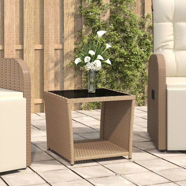 Gartentisch, Beistelltisch, Balkontisch mit Glasplatte Beige Poly Rattan & Hartglas