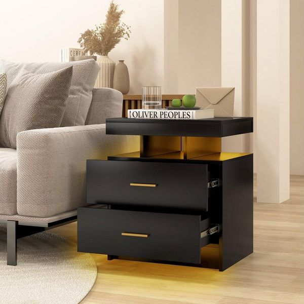 COSTWAY Nachttisch (2-St), mit LED-Beleuchtung, Sofatisch mit 2 Schubladen, 50x40x58 cm