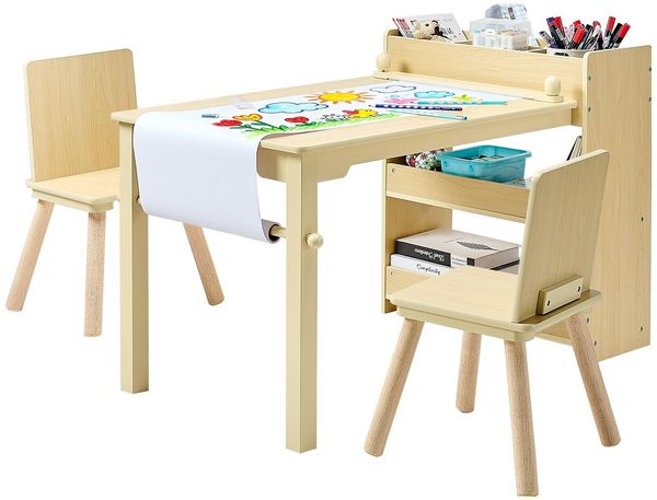 VEVOR Kindertisch mit 2 Stühlen & 3-stöckigem Aufbewahrungsschrank, Maltisch Set zum Lesen Lernen Zeichnen Schreiben, Kindersitzgruppe Kindertagesstätte, Basteltisch Schreibtisch, helles Holz