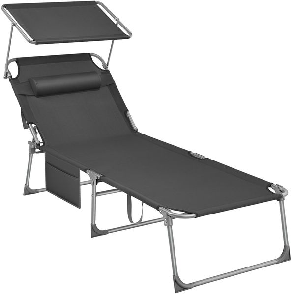 Songmics Gartenliege klappbar, mit Kopfstütze und verstellbarer Rückenlehne, 1x Sonnenliege, ohne Seitentasche, Dunkelgrau, 71 x 200 x 38 cm