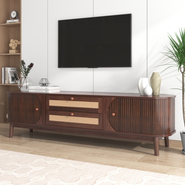 TV-Lowboard 170 cm mit Rattanschubladen und Holztüren, moderner Fernsehtisch im natürlichen Design Bild 8