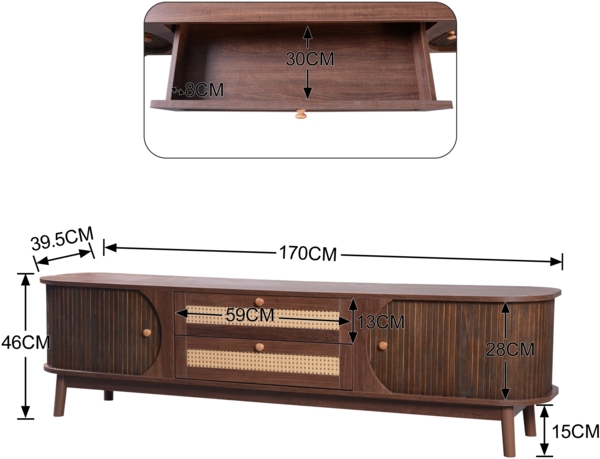 TV-Lowboard 170 cm mit Rattanschubladen und Holztüren, moderner Fernsehtisch im natürlichen Design Bild 9