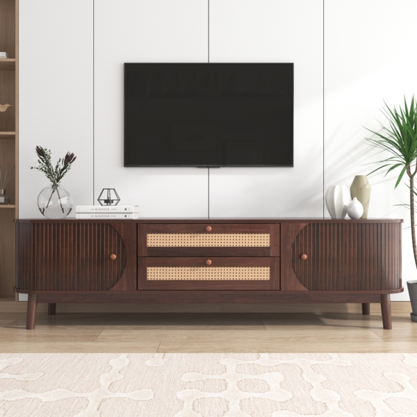 TV-Lowboard 170 cm mit Rattanschubladen und Holztüren, moderner Fernsehtisch im natürlichen Design Bild 5