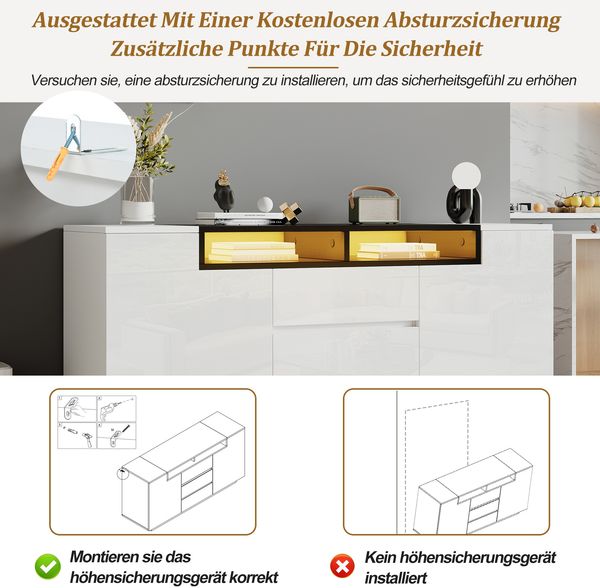 Beistellschrank mit 2 L-förmige Türen, 3 Schubladen, 2 halboffene Ablageflächen,LED-Atmosphärenbeleuchtung Bild 9