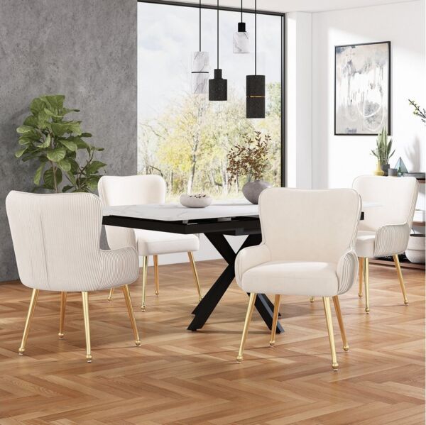 BlingBin Esszimmerstuhl Polsterstuhl mit Armlehnen Sessel Akzentstuhl (Lounge-Stuhl mit vier Goldene Metallstützbeinen, 4 St), Mit Armlehnen und verstellbaren Füßen, Lendenwirbelstütze, Beige