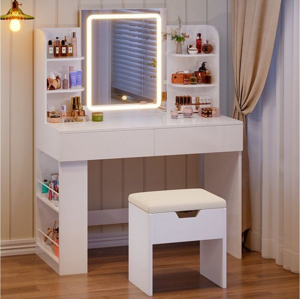 HOMALL Schminktisch Mit LED-Beleuchtung, 90/110*40*135CM, Helligkeit einstellbar (Ausgestattet mit 8 Ablagefächern, 2 Schubladen (2 Seitenfächer links und rechts austauschbar), Farbe und Größe nach Wunsch)