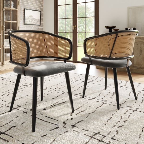 Essstuhl 47x51x79 cm, Grau, Samtbezug & Rattan-Rückenlehne, Eisenbeine mit Holzmaserung，2er-Set