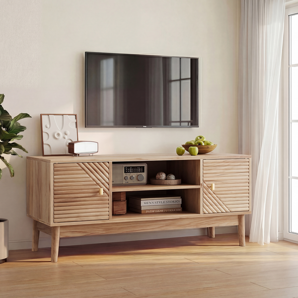 TV-Schrank 110 x 40 x 48 cm in Eichenfarbe, MDF mit Massivholzbeinen, Mid-Century-Farmhouse
