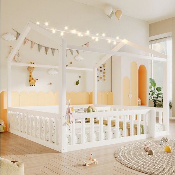 Odikalo Kinderbett 90x190 180x190 Bodenbett Flachbett mit LED, Rundum-Absturzschutz (90x190 cm*2/180x190 cm, Kinderbett mit Gitter, Hausleiste, Kiefernholz,ohne Matratze, Minimalistischer Stil, LED-Perlen)