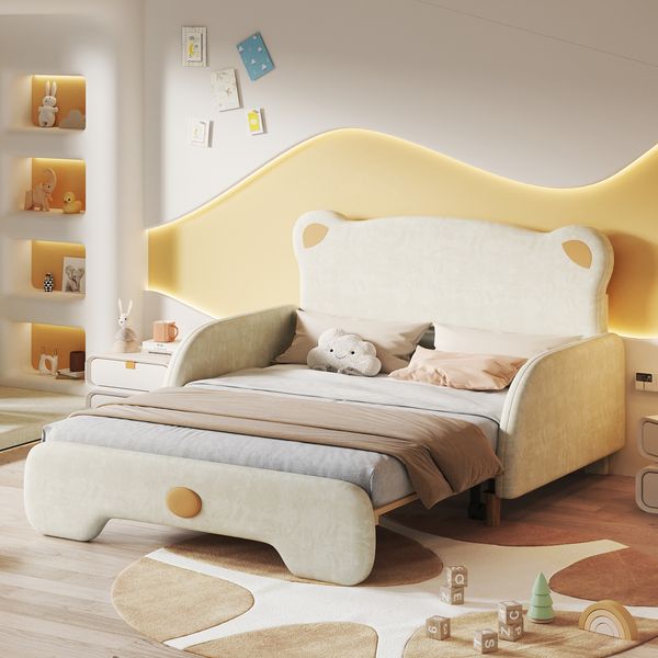 Doppelbett Bärenform, Polsterbett Kinderbett mit Ausziehbett, Samtbezug Beige, Holzlatten, Tagesbett, platzsparend