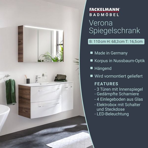 FACKELMANN VERONA LED Spiegelschrank 110 cm breit, Braun Dunkel