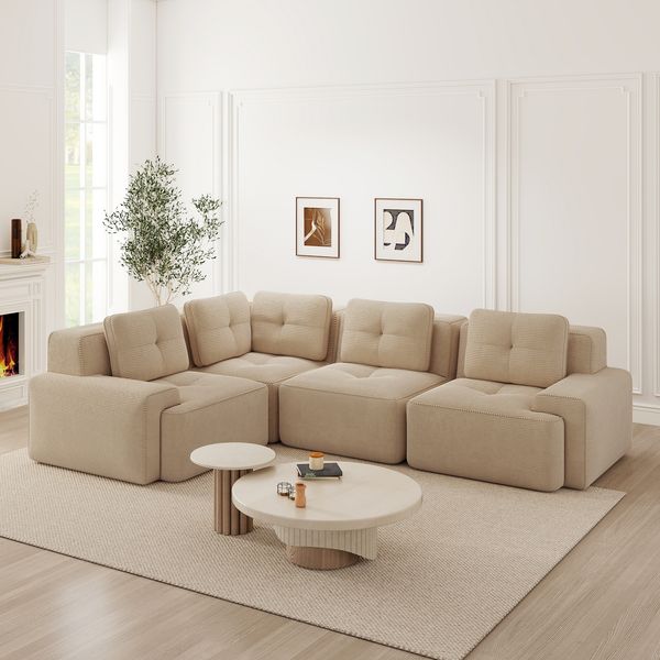 Flieks 3-Sitzer Modulares Ecksofa, Cloud Sofa Cord rahmenlos, Lounge Sofa bodennah, mit breiten Armlehnen, Beige