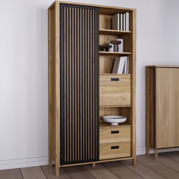 Forte JYTANA Schrank 100 105, skandinavischer Schrank mit 3 Schubladen, 2 Türen und 3 Regalfächern, Mauvella Eiche Holzdekor / Schwarz, 103,4 cm breit x 200,3 cm hoch x 40,2 cm tief