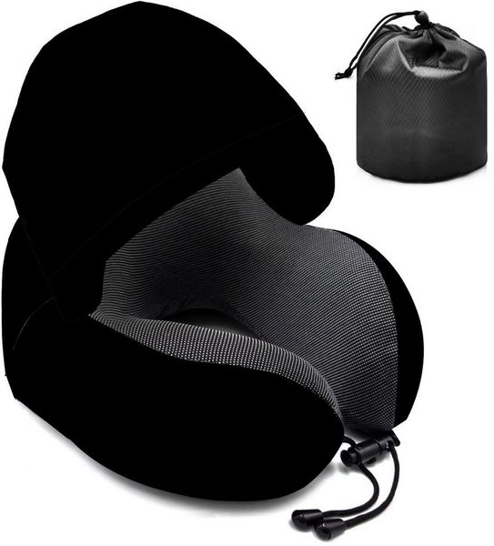 SURFOU Reisekissen Nackenkissen Flugzeug U-Form Nackenhörnchen Memory Foam mit Haube, Abnehmbarer, maschinenwaschbarer Kissenbezug, Verstellbare Kordel, Faltbares U-förmiges für optimale Nackenanpassung, Große Kapuze für effektiven Lichtschutz, mit Auf...