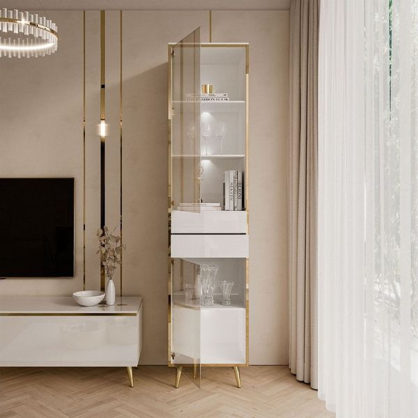 ALLHOUSE24 Vitrine PEONY Breite 45 cm Glasvitrine mit LED Beleuchtung weiß gold GLANZ Breite 45 cm