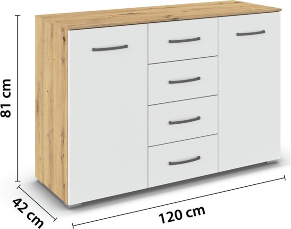 rauch Aditio Box, Kommode, 2-türig, 4 Schubladen, mit Softclose-Funktion, Farbe Weiß/Eiche Artisan, BxHxT 120x81x42cm Bild 4