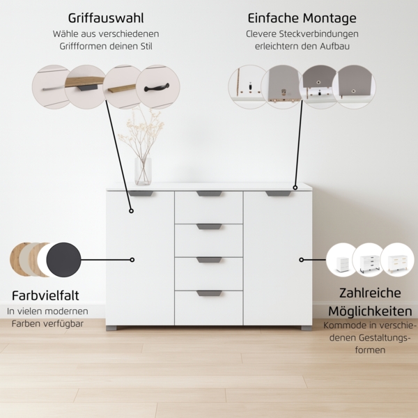 rauch Aditio Box, Kommode, 2-türig, 4 Schubladen, mit Softclose-Funktion, Farbe Weiß/Eiche Artisan, BxHxT 120x81x42cm Bild 5