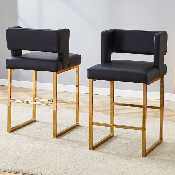 Barhocker in Schwarz/Gold mit gepolstertem Sitz, 48 x 53,3 x 91,4 cm, aus PU-Leder und Metallgestell