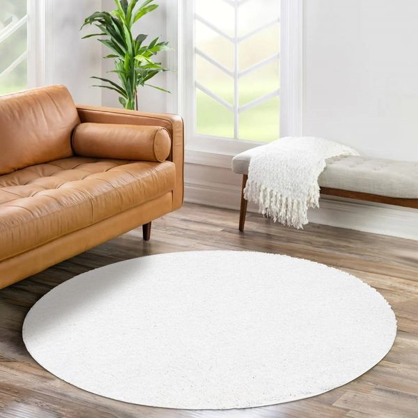 Teppich Rund Hochflor Shaggy - 80x80cm - Weiß Einfarbig Uni Flauschig Modern Boho Wohnzimmer Schlafzimmer Deko Teppiche Weich Schlafzimmer