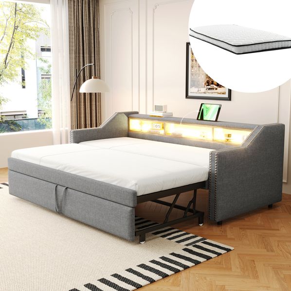 Schlafsofa 90/180x190 cm mit Ausziehbett, 3 Ablagefächern, USB-Buchse und 2 Federkernmatratzen in Hellgrau