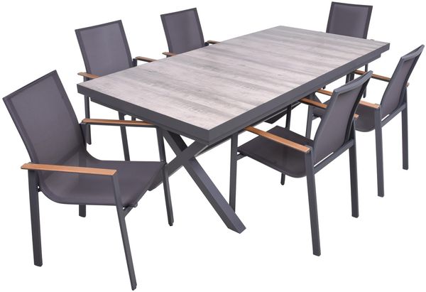 Garten-Sitzgruppe JANA 7-tlg. - Alu/Keramik, Eiche-Optik, Grau | Gartenmöbel-Set Gartengarnitur Garten-Essgruppe mit Stapelstühlen F und Esstisch
