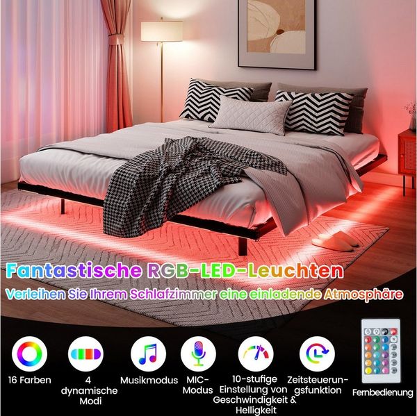 COSTWAY Bettgestell (1-tlg), Doppelbett Schwebebettgestell, mit LED, Lattenrost,160 x 200 cm