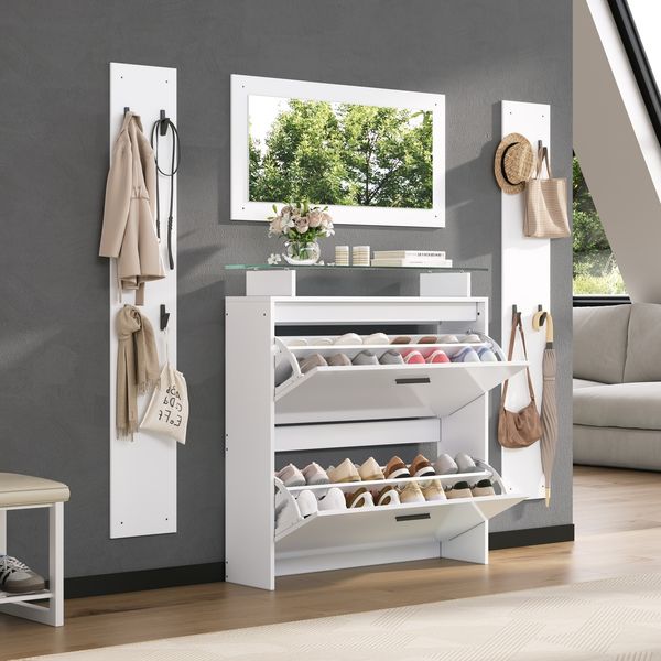 Garderoben-Set, 4-teilig mit Spiegel 2 Hutablagen Hochglanz-Schuhschrank 8 Haken, MDF, Weiß, 89.5x23x96.5cm