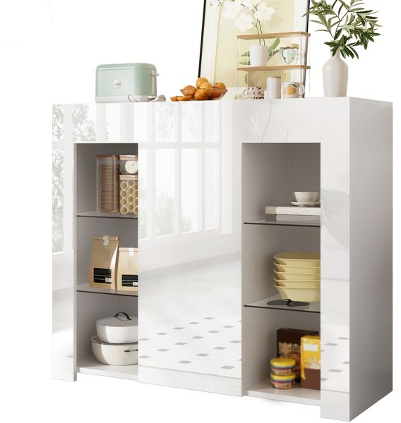 Modernes Weißes Buffet mit Hochglanz-Front – Kompakte, stilvolle Aufbewahrungslösung mit Glasregalen und Schranktür für Wohnzimmer, Esszimmer oder Küche – 95x35x83 cm