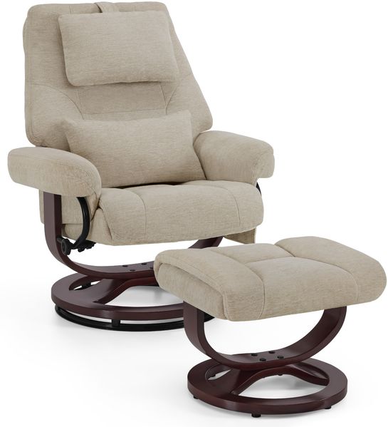 M MCombo Relaxsessel mit Liegefunktion, Lesesessel, 360° Drehbarer Fernsehsessel mit Hocker, mit Verstellbares Kopfkissen, Lendenkissen & Seitentasche, 9046 (Beige)