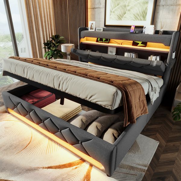 Polsterbett Doppelbett 180*200, Stauraum Kopfteil mit USB und Typ C-Port ,360-Surround-LED-Funktion rund um Kopf- und Fußende des, Betten mit Hydraulisch Stauraum, Grau , Leinen(Ohne Matratze)