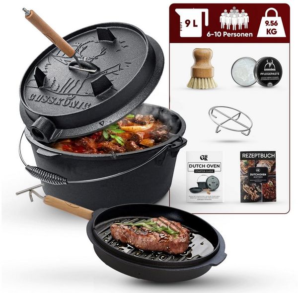 GUSSKÖNIG Grilltopf GUSSKÖNIG Dutch Oven Topf ohne Füßen 9Liter+Pflegepaste Untersetzer