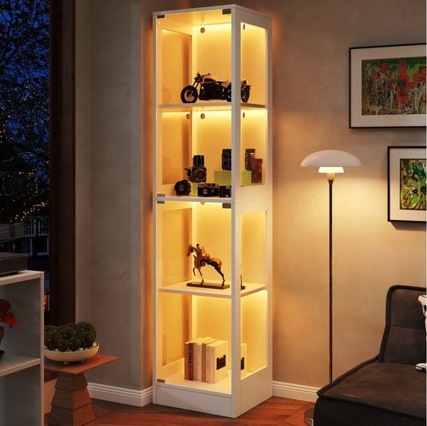 Flieks Glasvitrine Eckvitrine mit LED-Beleuchtung und Doppeltüren aus gehärtetem Glas (1-St, 40x35x170 cm) Standvitrine Eckschrank Hochschrank Sammlervitrine mit 4 Fächern Weiß