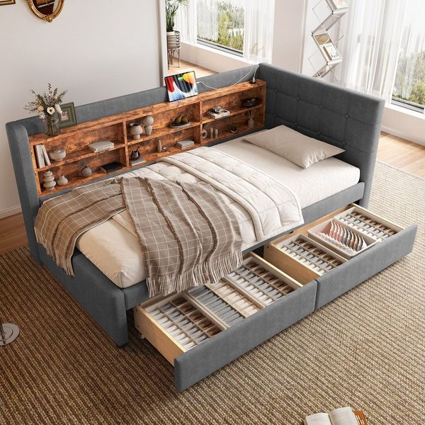 Flieks Daybett, Polsterbett Tagesbett Schlafsofa 90x200cm mit 2 Schublade und Aufladen