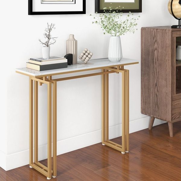 COSTWAY Konsolentisch, Mamor, schmal, Metallrahmen, 110x30x81cm, gold
