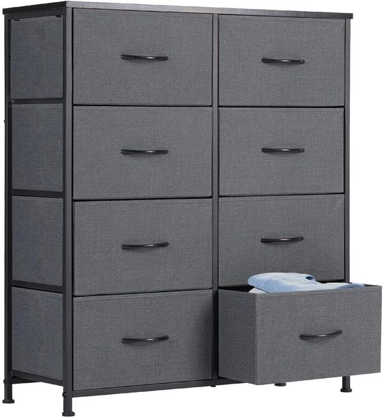 DUMOS Kommode für Schlafzimmer mit Stoffschubladen hohe Organizer für Kleidung Schrank Kinderzimmer Aufbewahrungsturm mit Schrank Metallrahmen Holzplatte leichte Kinderzimmermöbel