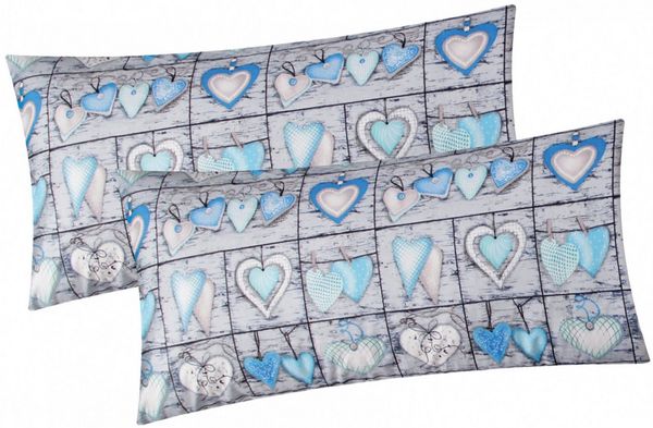 Heubergshop Kissenbezug, (2 Stück), 2er Set 40x80cm Herzen Landhaus Blau Kissenhülle Baumwolle (358/2)