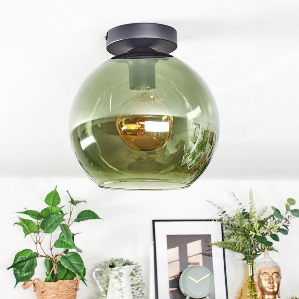 hofstein Deckenleuchte Deckenlampe aus Metall/Glas in Schwarz/Grün, Deckenleuchte im modernen Vintage-Design (Schirm Ø 25 cm), 1 x E27