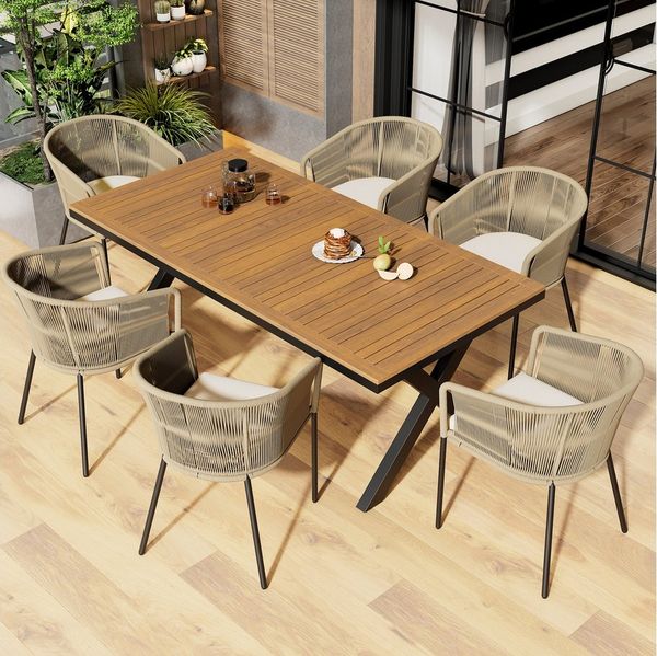 Celya Garten-Essgruppe Garten-Lounge-Set aus Seil 6 personen, holz, (Tisch aus Akazienholz, Mit Fußpolstern und sechs Sitzkissen, abnehmbar und waschbar), 7-tlg, 6 Sessel und 1 Tisch