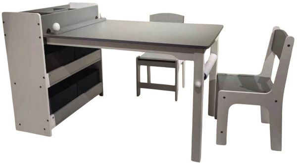 habeig Kindertisch Möbelset 2 Stühlen und Regalschrank 4 Stoffkörbe Grau/Weiß (1 Tisch und 2 Stühle + Regal), sehr stabil