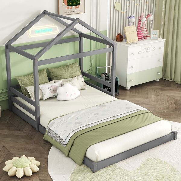Merax Kinderbett Massivholzbett Hausbett Doppelbett 140x200cm mit Lattenrost, Grau
