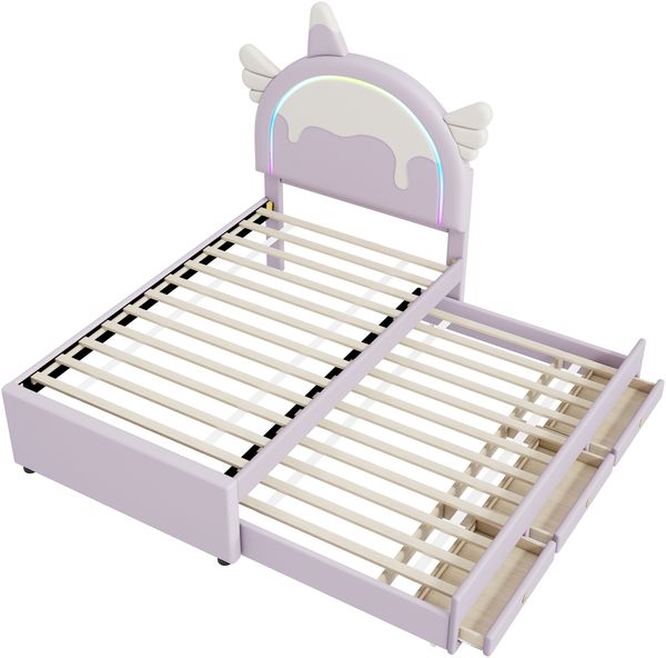 ViolettKinderbett 90x200 cm in Einhornform mit ausziehbarem Rollbett und Schubladen,Cartoon Bett violett,süßes Einhornbett mit stabilem Rahmen Bild 9