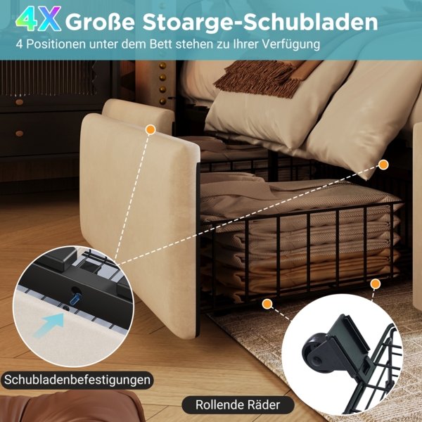 Polsterbett 160x200 cm aus Samt mit Stauraum, LED-Beleuchtung und USB- & Type-C-Anschlüssen Bild 7